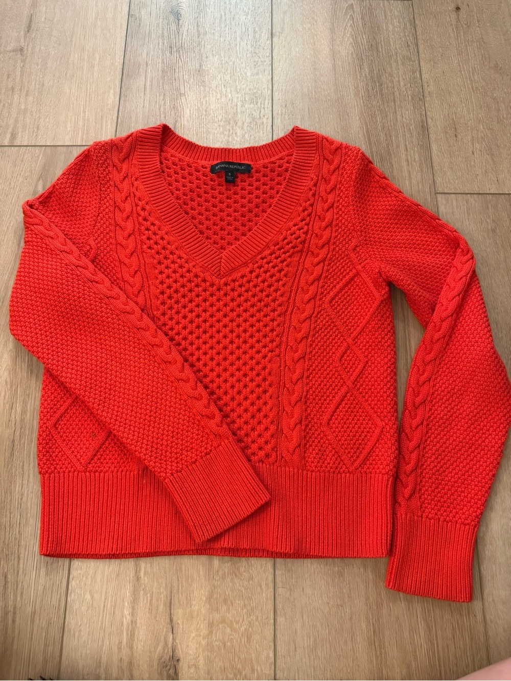 Banana Republic Vibrant Orange-Red Cable V-Neck Sweater